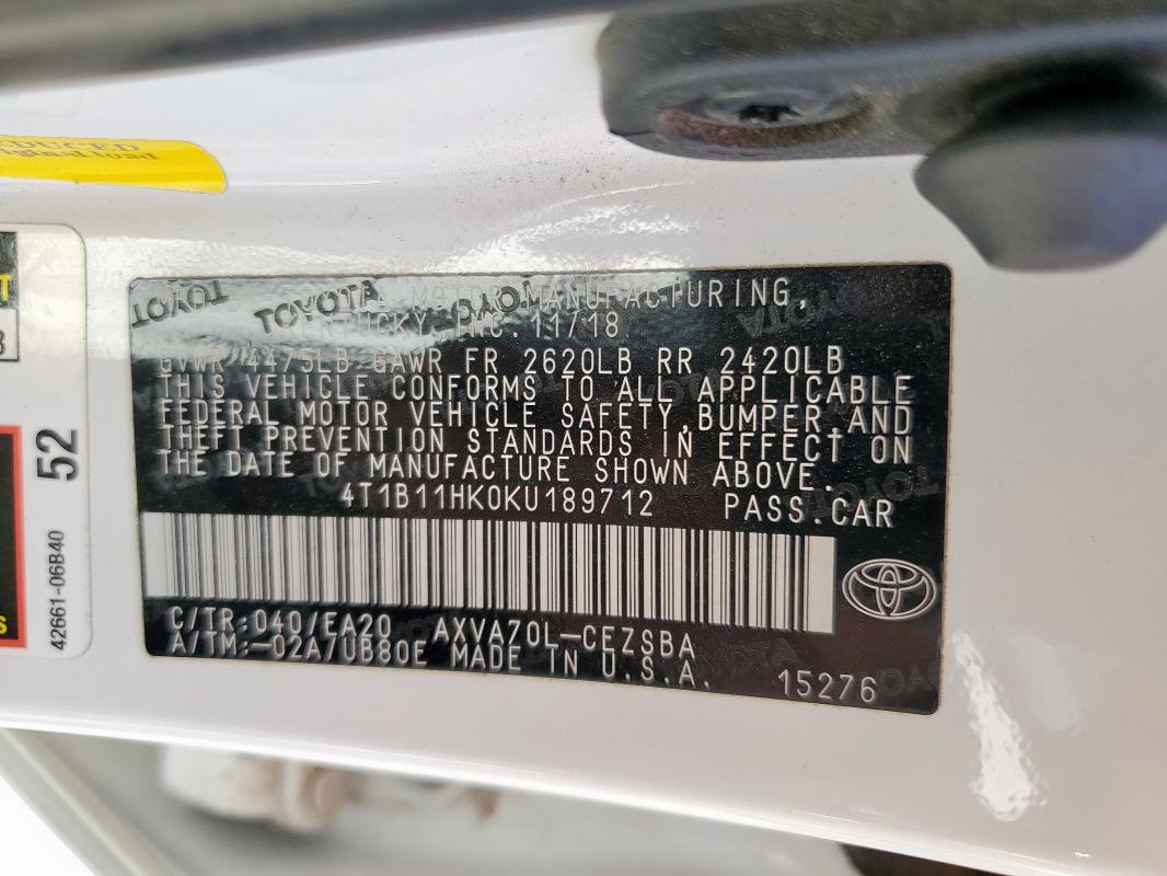 2019 TOYOTA CAMRY L - 4T1B11HK0KU189712