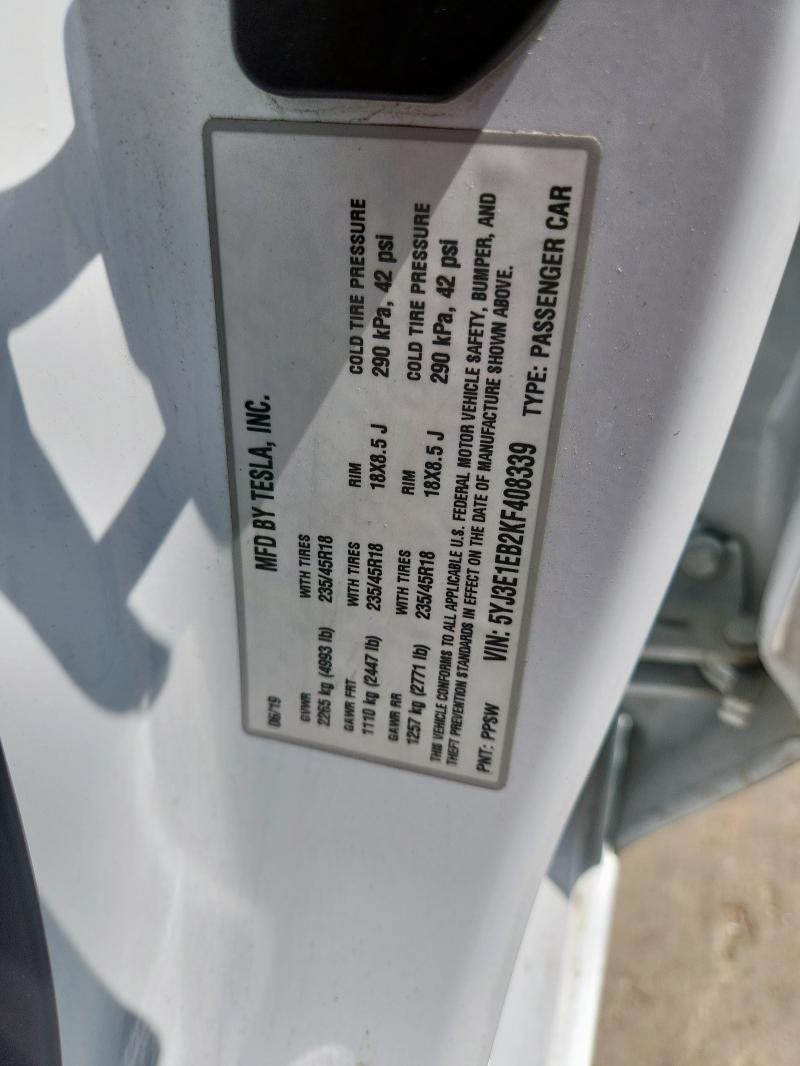 2019 TESLA MODEL 3 5YJ3E1EB2KF408339