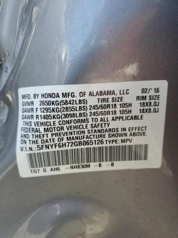 2016 HONDA PILOT EXLN 5FNYF6H72GB065126