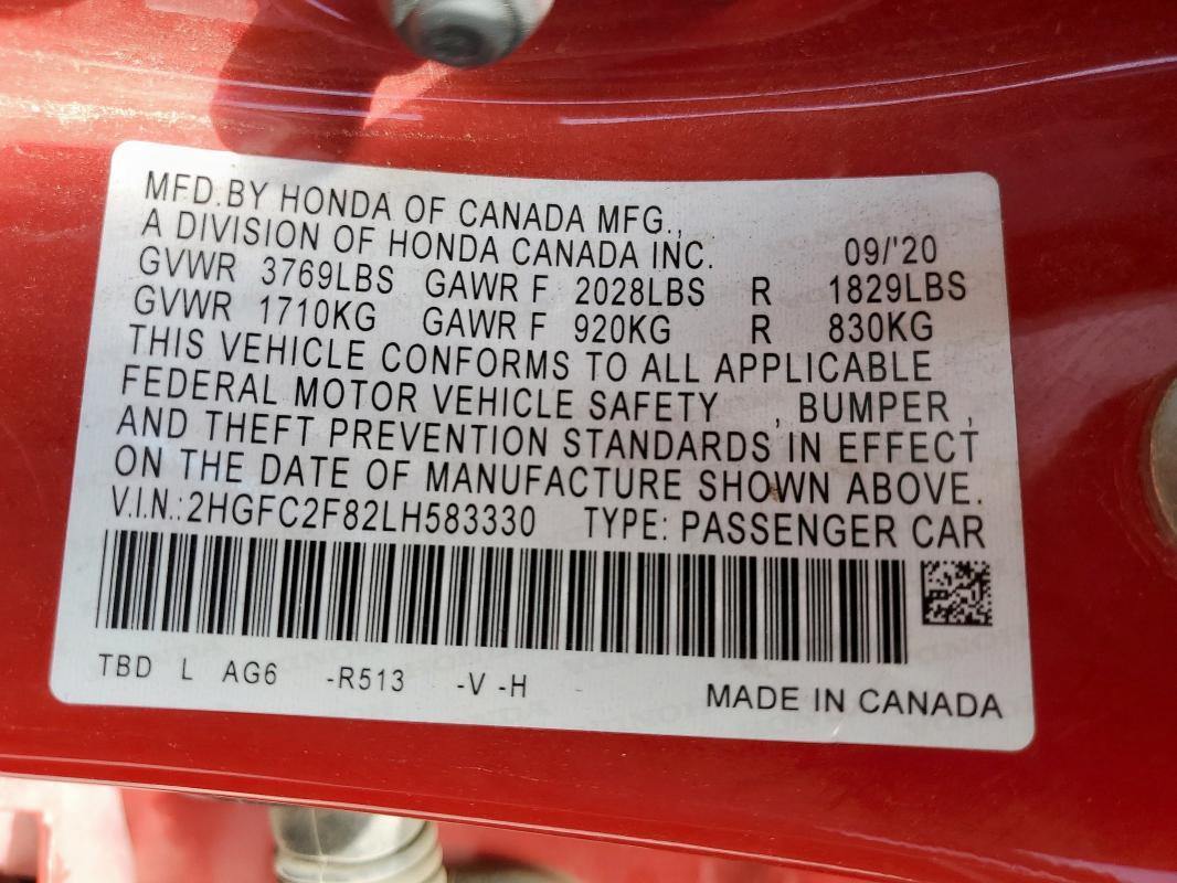 2020 HONDA CIVIC SPOR 2HGFC2F82LH583330