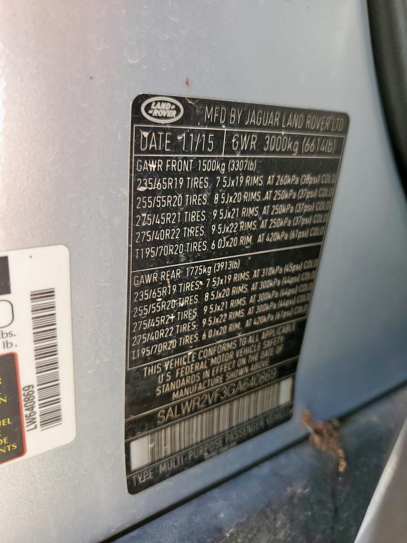 2016 LAND ROVER RANGE ROVE SALWR2VF3GA640869