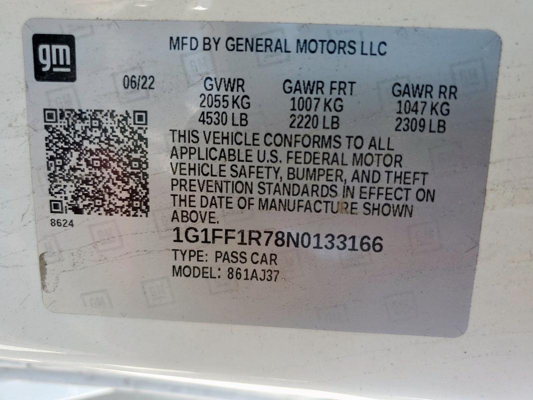 2022 CHEVROLET CAMARO LT1 1G1FF1R78N0133166
