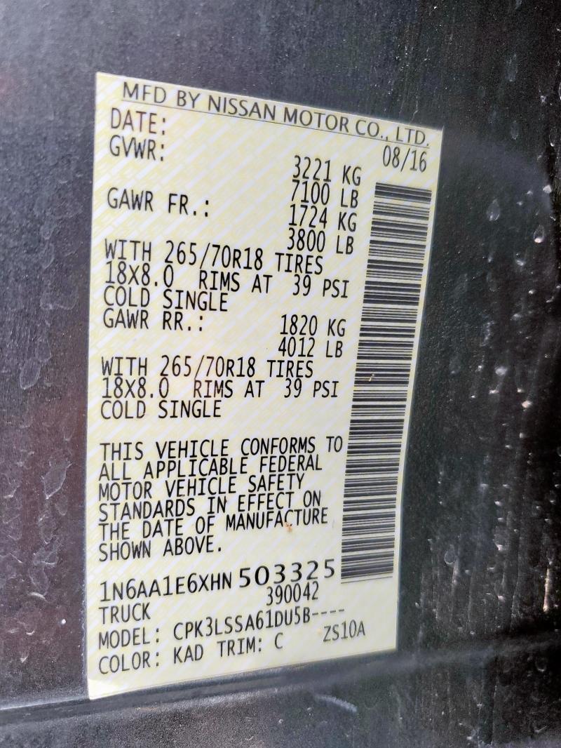 2017 NISSAN TITAN SV 1N6AA1E6XHN503325