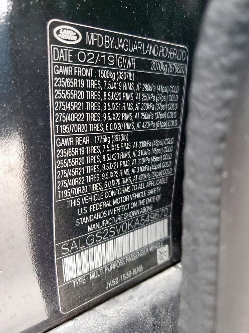 2019 LAND ROVER RANGE ROVE SALGS2SV0KA549670