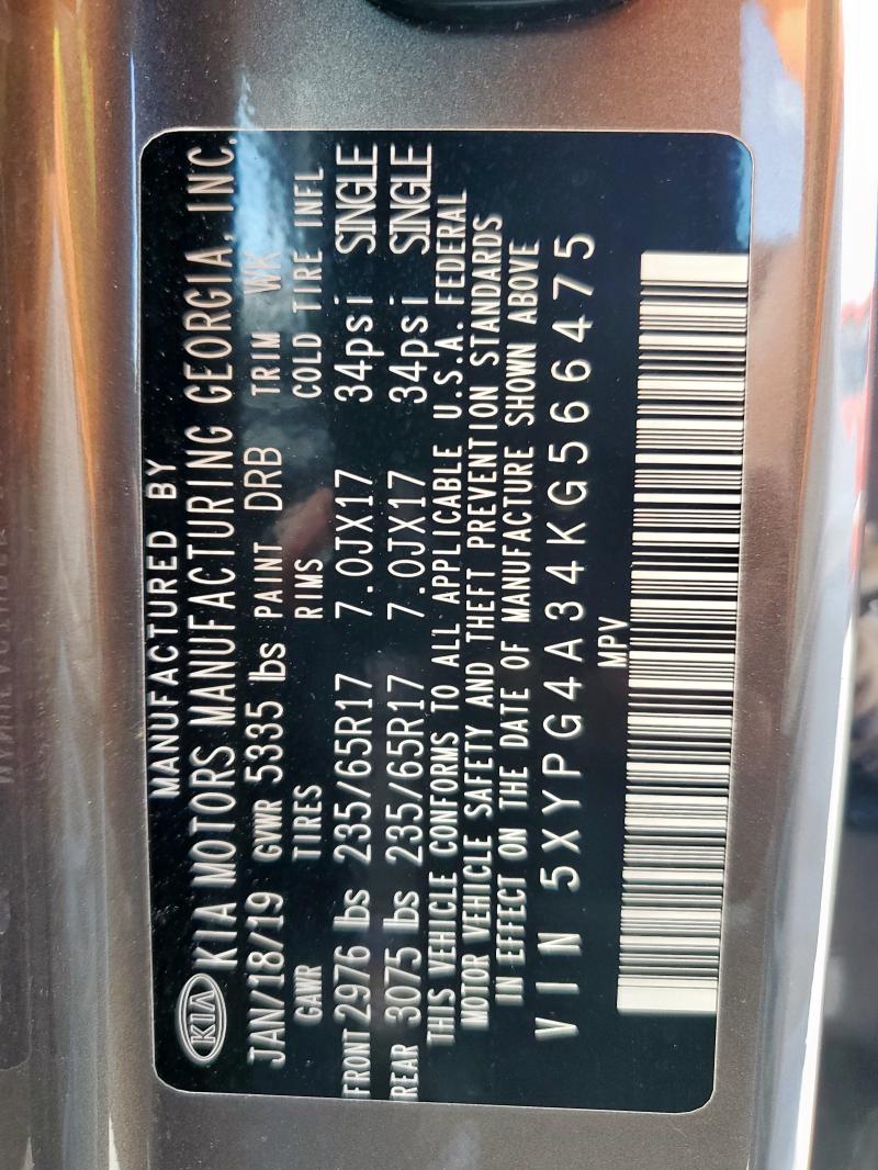 2019 KIA SORENTO L 5XYPG4A34KG566475
