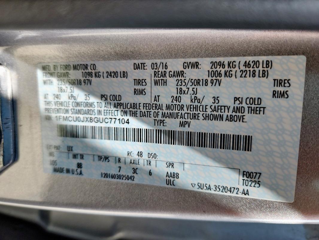2016 FORD ESCAPE TIT - 1FMCU0JX8GUC77104