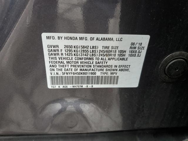 2019 HONDA PILOT EXL 5FNYF6H50KB011900