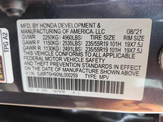 2022 HONDA CR-V TOURI 5J6RT6H90NL000259