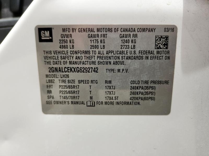 2016 CHEVROLET EQUINOX LT 2GNALCEKXG6292742