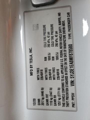 2021 TESLA MODEL 3 5YJ3E1EA8MF878580