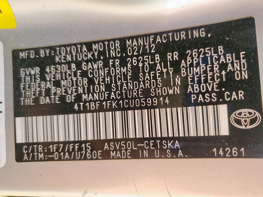 2012 TOYOTA CAMRY BASE - 4T1BF1FK1CU059914