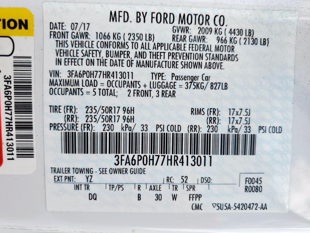 2017 FORD FUSION SE - 3FA6P0H77HR413011