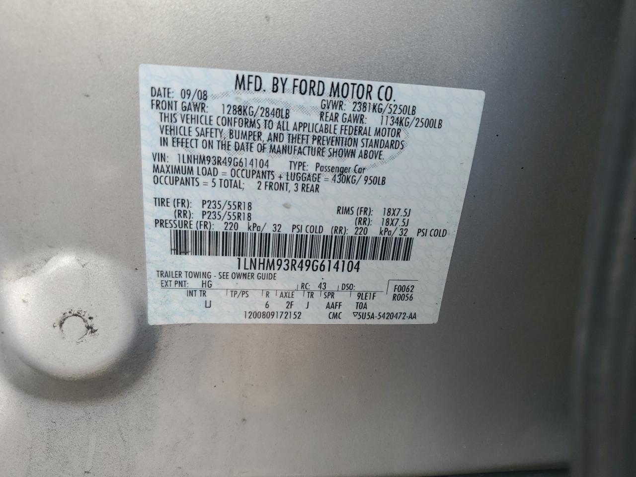 Lot #3239312168 2009 LINCOLN MKS