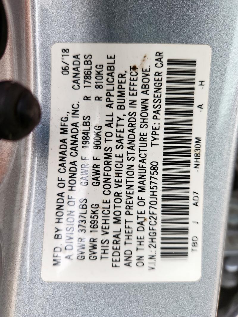 2018 HONDA CIVIC EX 2HGFC2F70JH577580