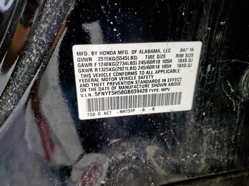 2016 HONDA PILOT EXL 5FNYF5H58GB039428