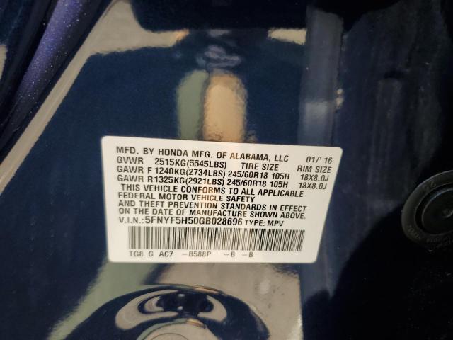 2016 HONDA PILOT EXL 5FNYF5H50GB028696