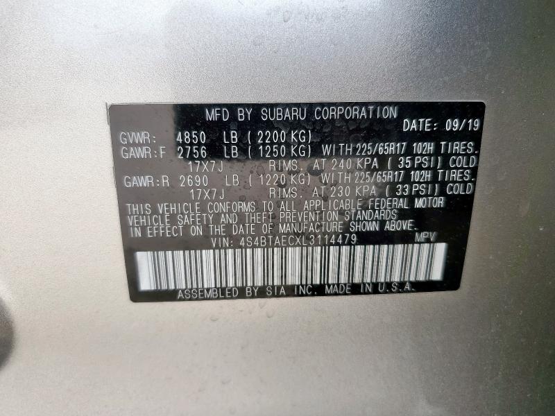 2020 SUBARU OUTBACK PR 4S4BTAECXL3114479
