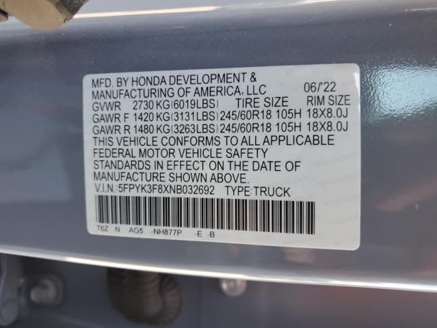 2022 HONDA RIDGELINE 5FPYK3F8XNB032692