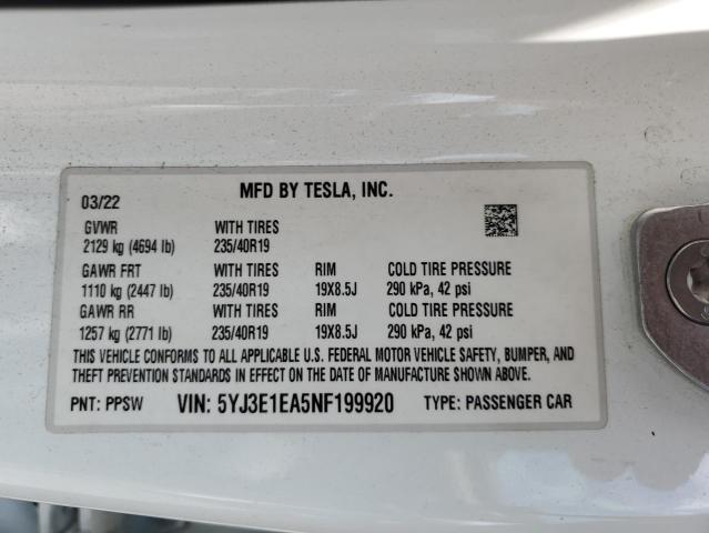 2022 TESLA MODEL 3 5YJ3E1EA5NF199920