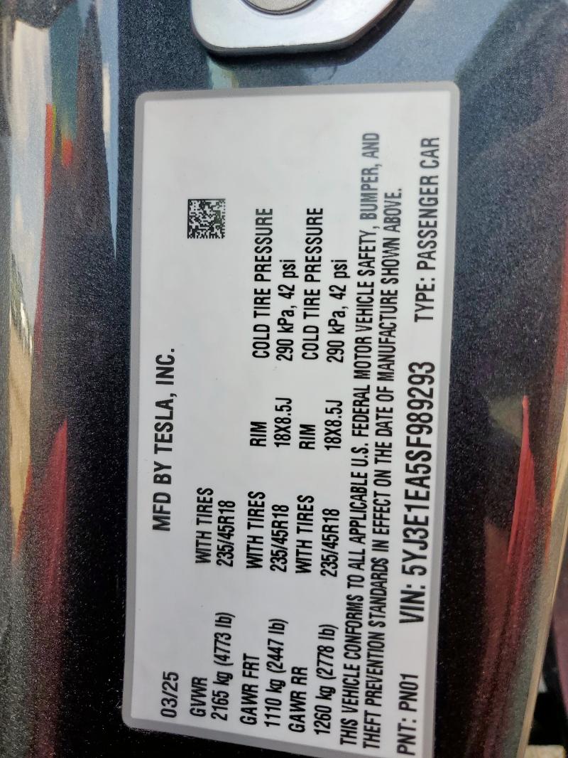 2025 TESLA MODEL 3 5YJ3E1EA5SF989293