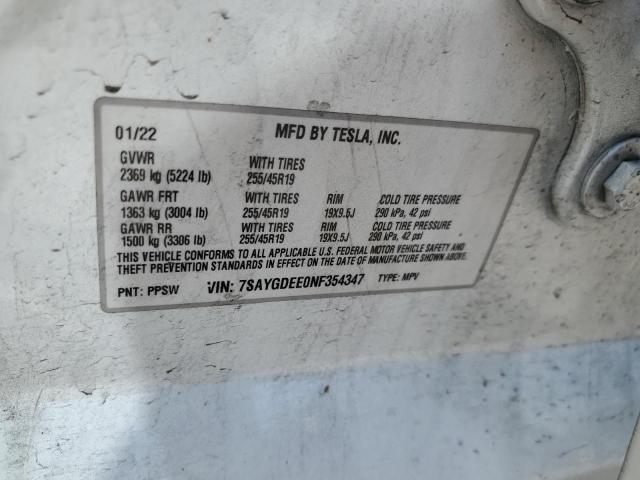 2022 TESLA MODEL Y 7SAYGDEE0NF354347