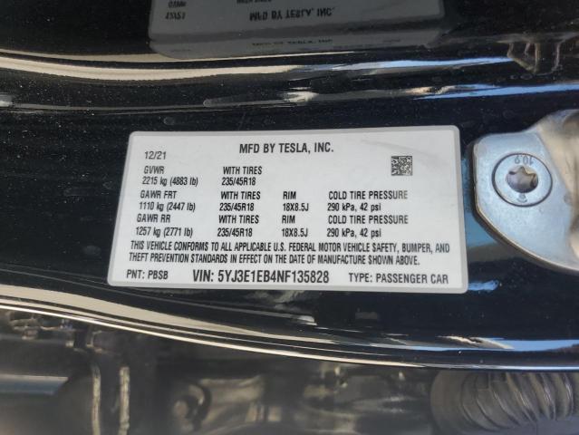 2022 TESLA MODEL 3 5YJ3E1EB4NF135828