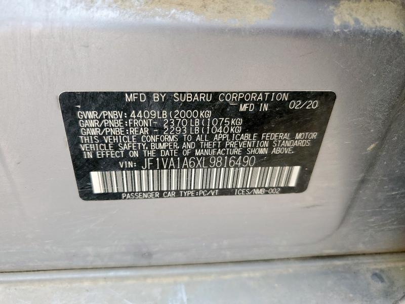 2020 SUBARU WRX JF1VA1A6XL9816490
