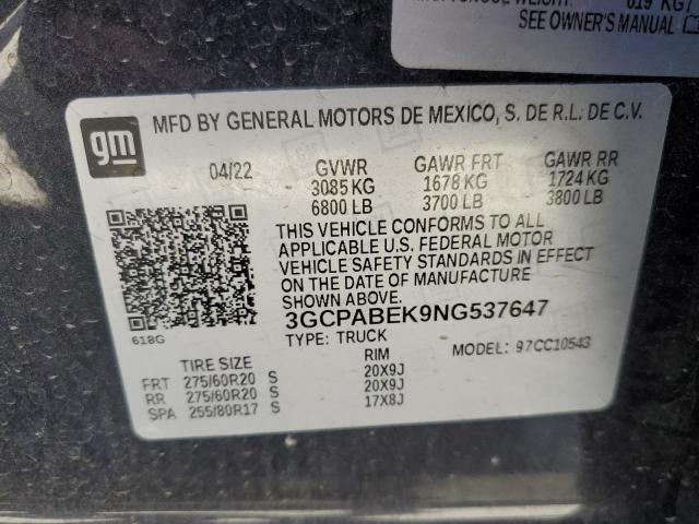 2022 CHEVROLET SILVERADO C1500 CUSTOM 3GCPABEK9NG537647