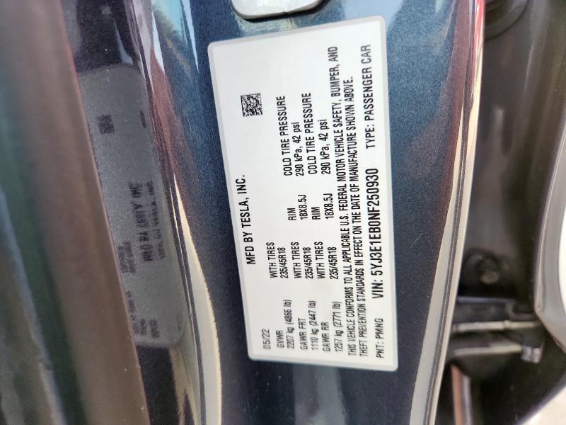 2022 TESLA MODEL 3 - 5YJ3E1EB0NF250930