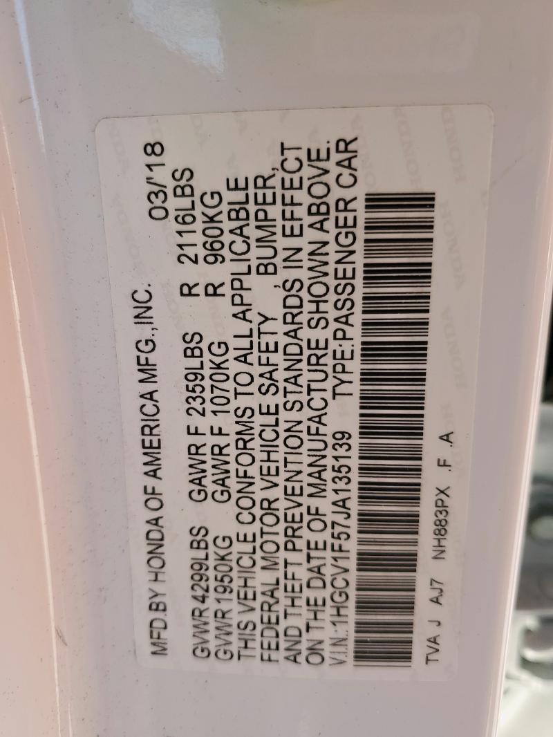 2018 HONDA ACCORD EXL - 1HGCV1F57JA135139