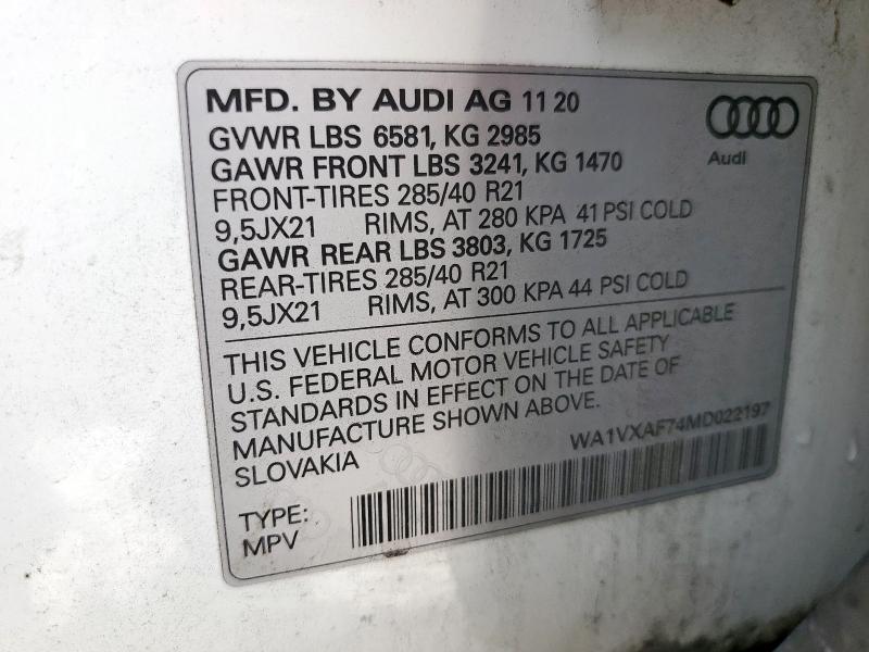 2021 AUDI Q7 PRESTIG WA1VXAF74MD022197