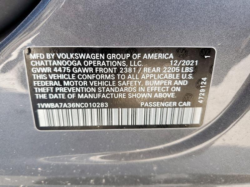2022 VOLKSWAGEN PASSAT LIM 1VWBA7A36NC010283