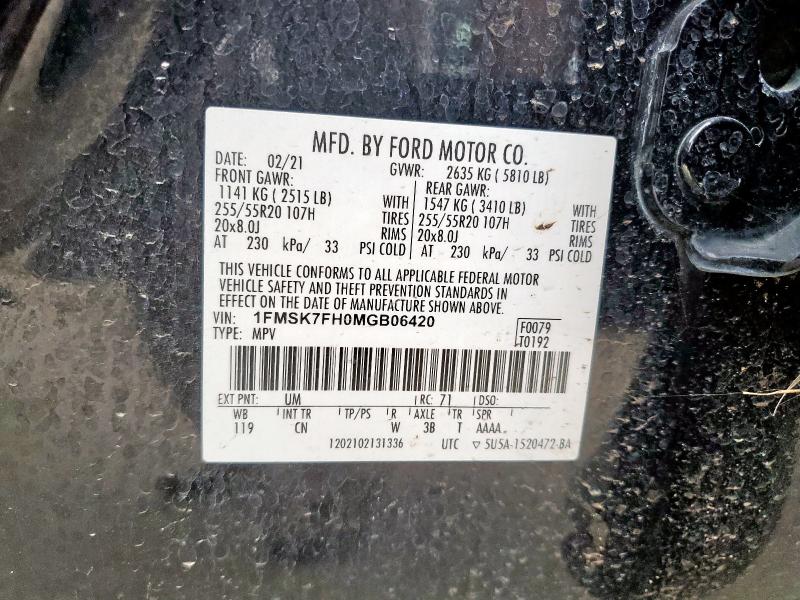 2021 FORD EXPLORER LIMITED 1FMSK7FH0MGB06420