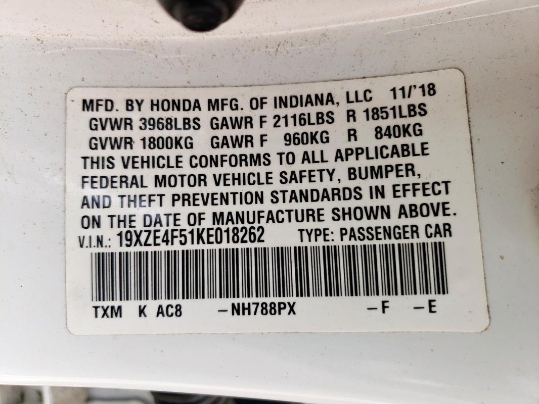 2019 HONDA INSIGHT EX 19XZE4F51KE018262