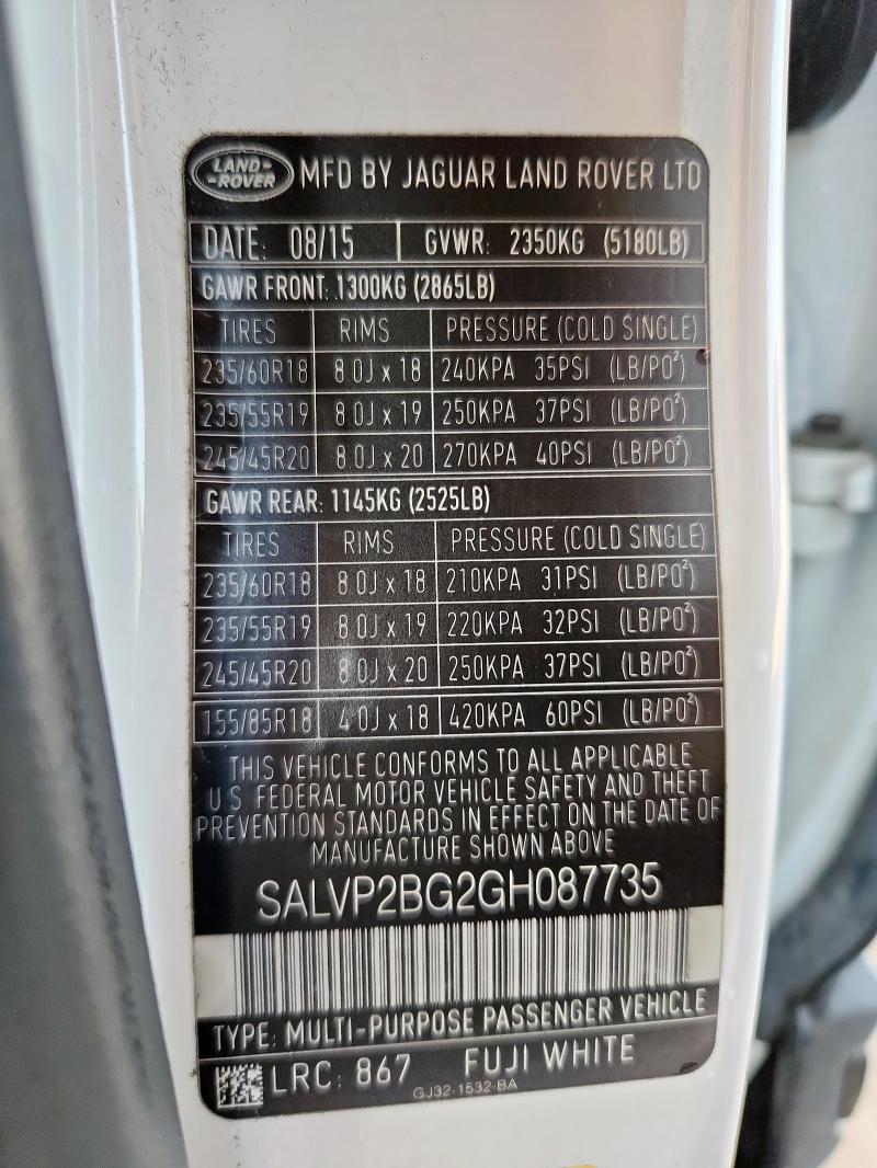 2016 LAND ROVER RANGE ROVE SALVP2BG2GH087735