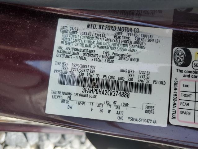 2012 FORD FUSION SE - 3FAHP0HA2CR374888