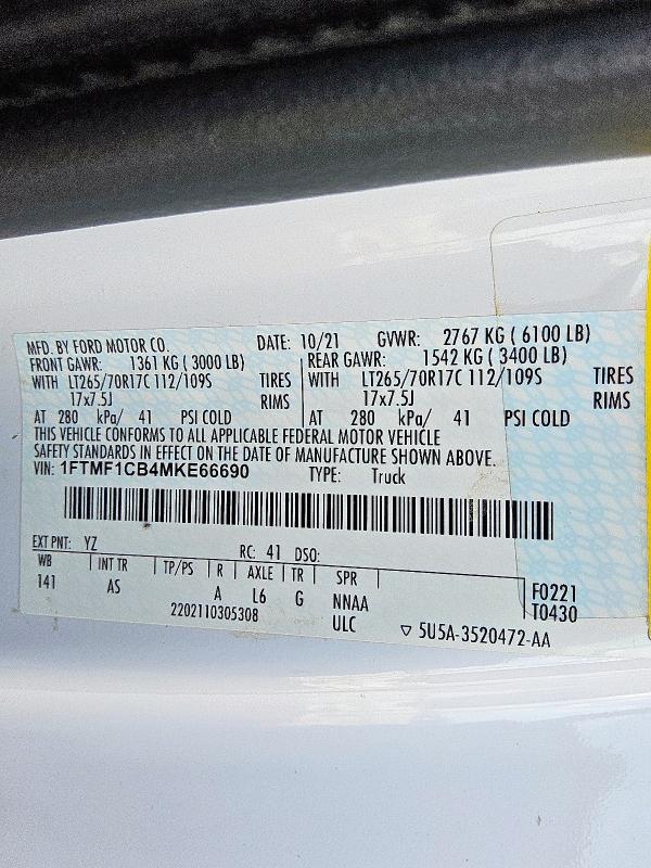 2021 FORD F150 1FTMF1CB4MKE66690