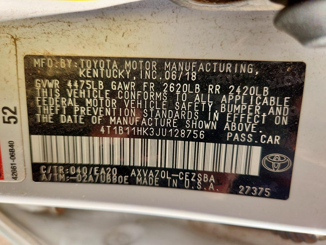 2018 TOYOTA CAMRY L 4T1B11HK3JU128756