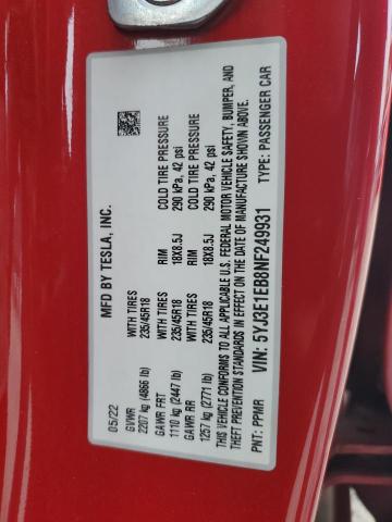 2022 TESLA MODEL 3 5YJ3E1EB8NF249931