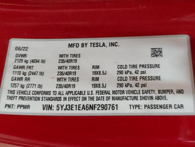 2022 TESLA MODEL 3 5YJ3E1EA6NF290761