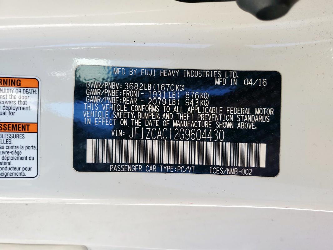 2016 SUBARU BRZ 2.0 LI JF1ZCAC12G9604430