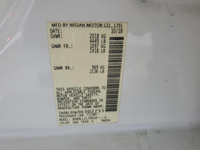 2019 NISSAN ALTIMA PLA 1N4BL4FW7KN302755