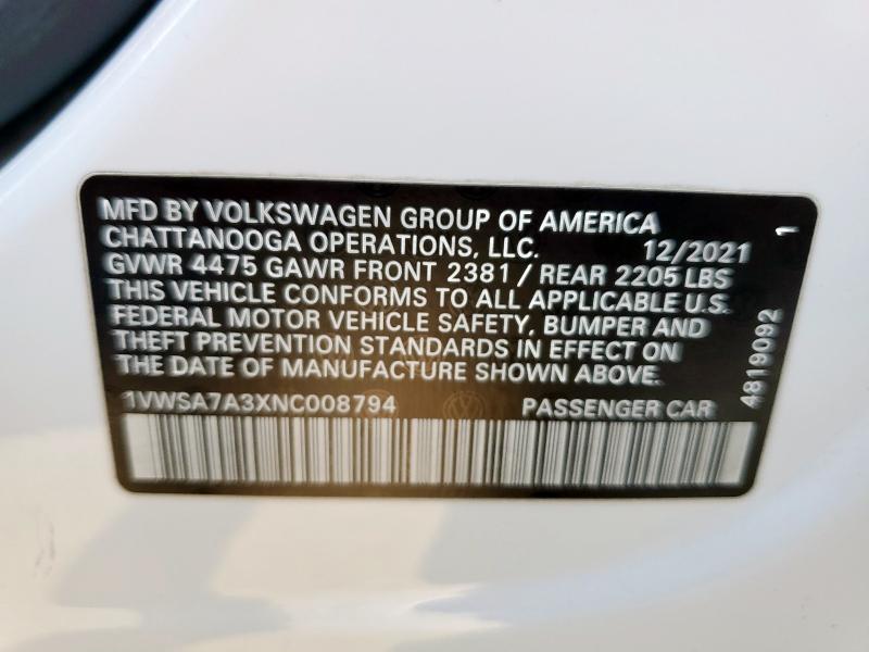 2022 VOLKSWAGEN PASSAT SE 1VWSA7A3XNC008794