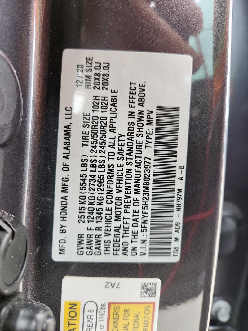 2021 HONDA PILOT SE 5FNYF5H23MB023977