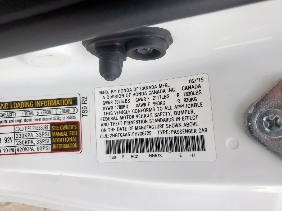 2015 HONDA CIVIC SI 2HGFG4A51FH706729