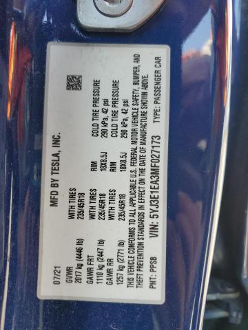 2021 TESLA MODEL 3 - 5YJ3E1EA3MF027173