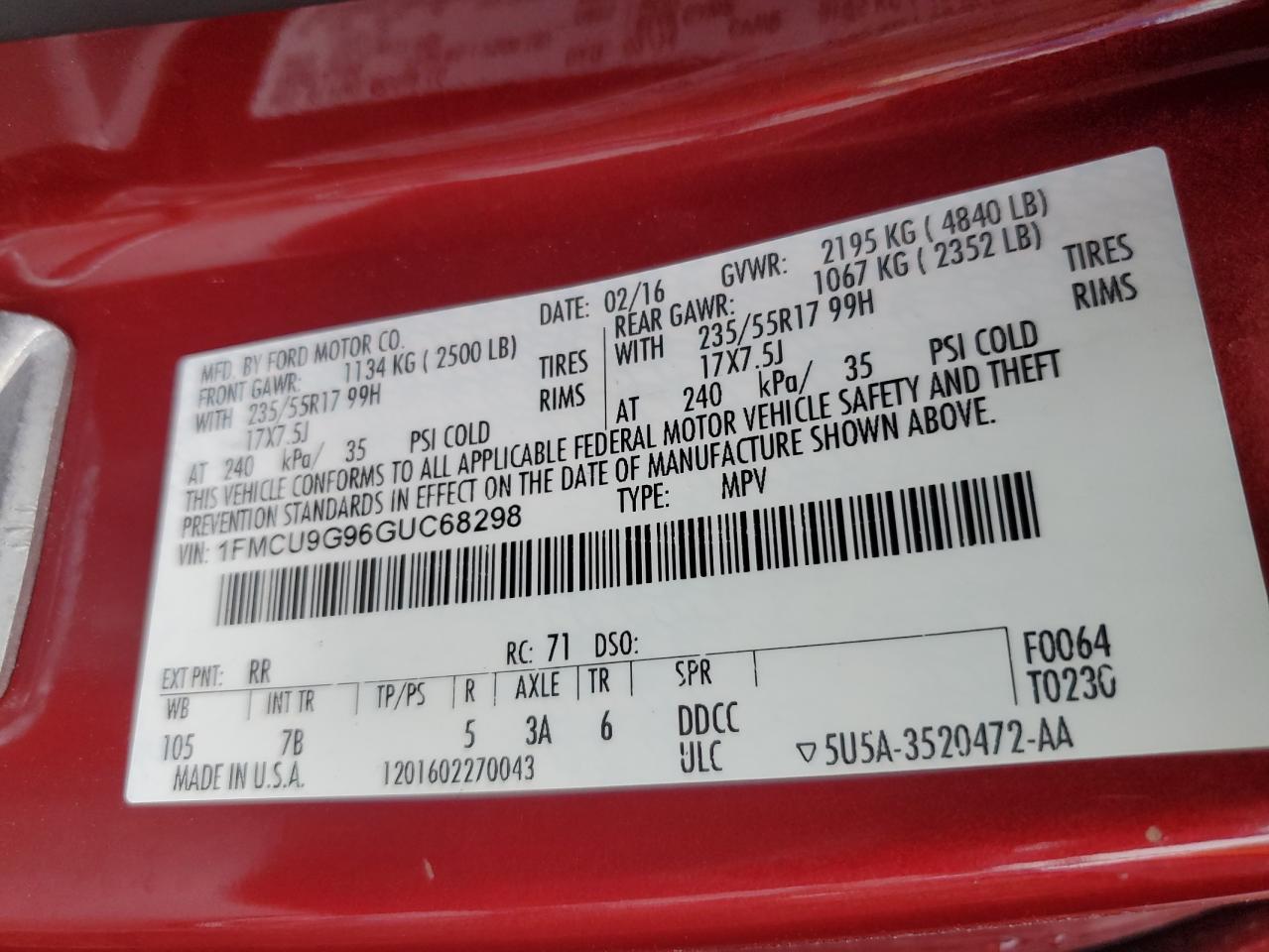 Lot #3202277123 2016 FORD ESCAPE SE