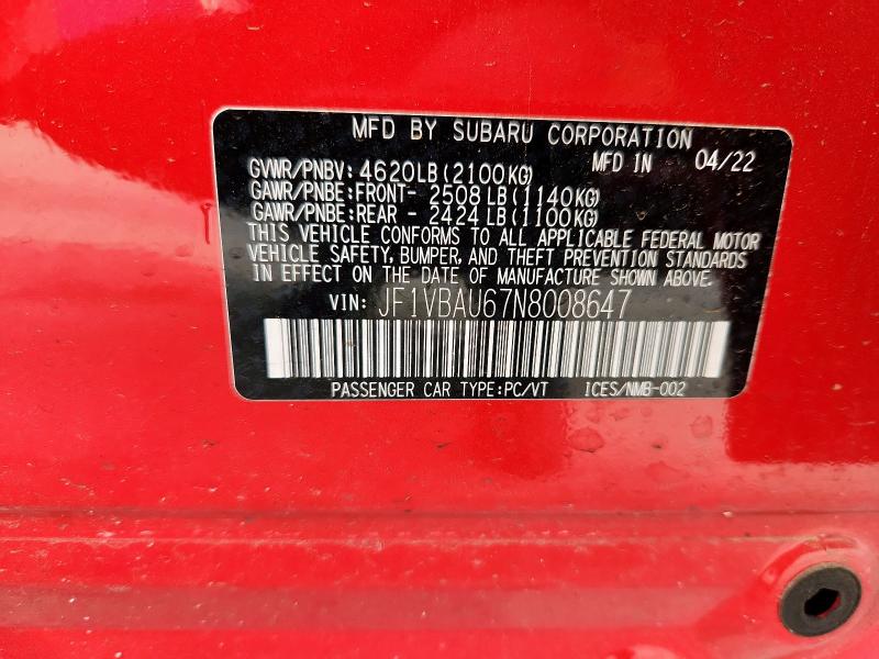 2022 SUBARU WRX GT JF1VBAU67N8008647