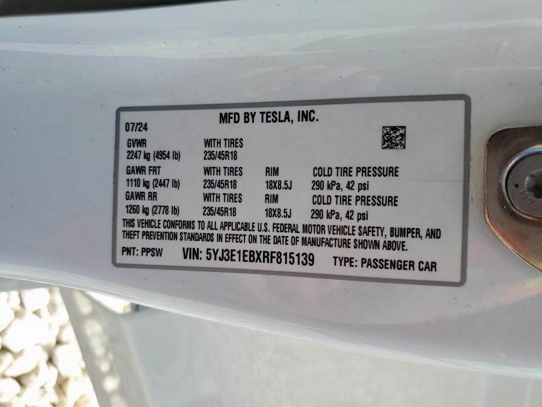 2024 TESLA MODEL 3 5YJ3E1EBXRF815139