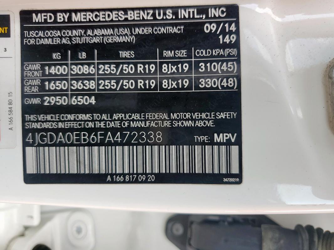 2015 MERCEDES-BENZ ML 250 BLU 4JGDA0EB6FA472338